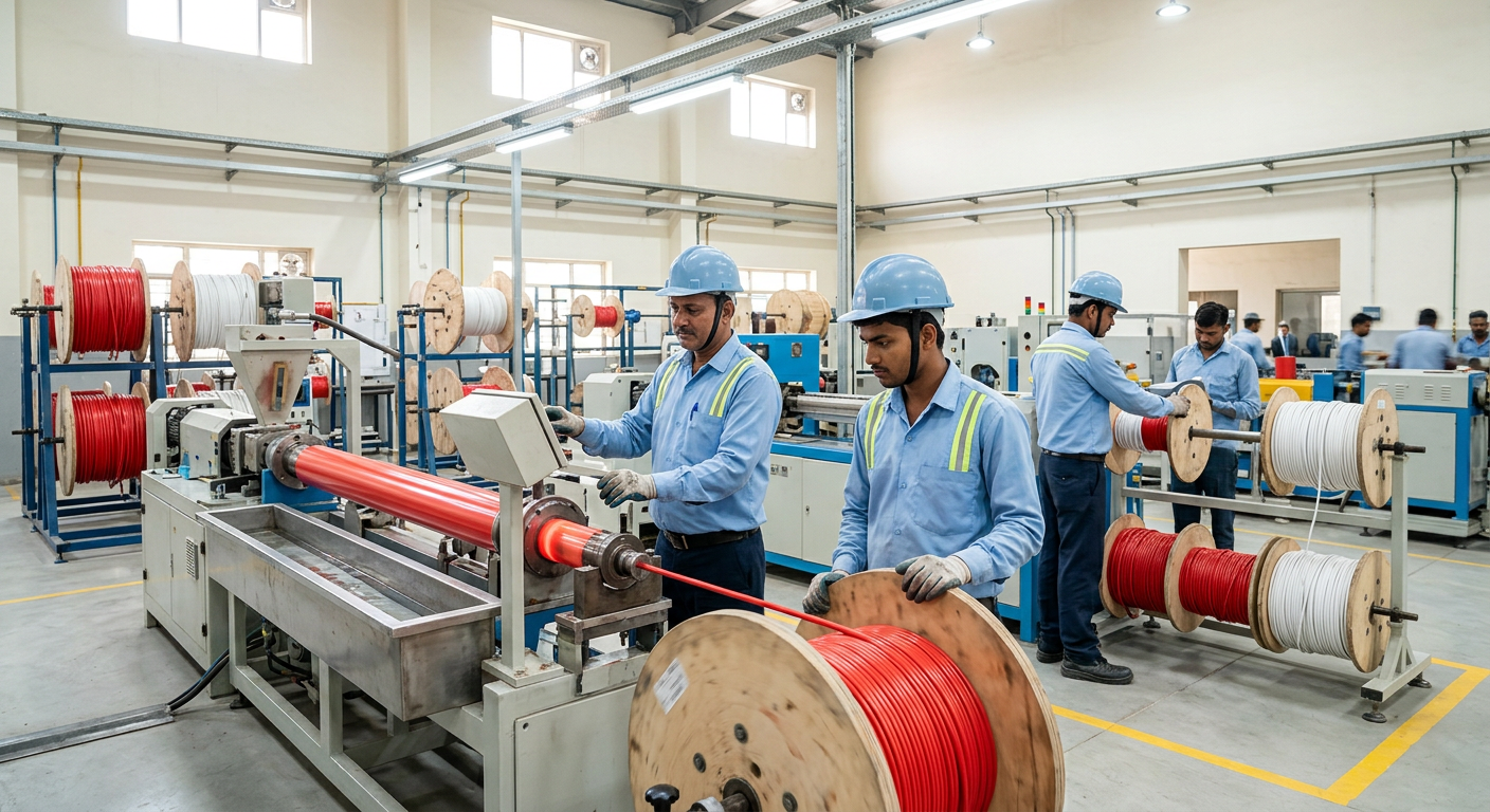 GETCAB cable manufacturing floor with extrusion line and copper spools