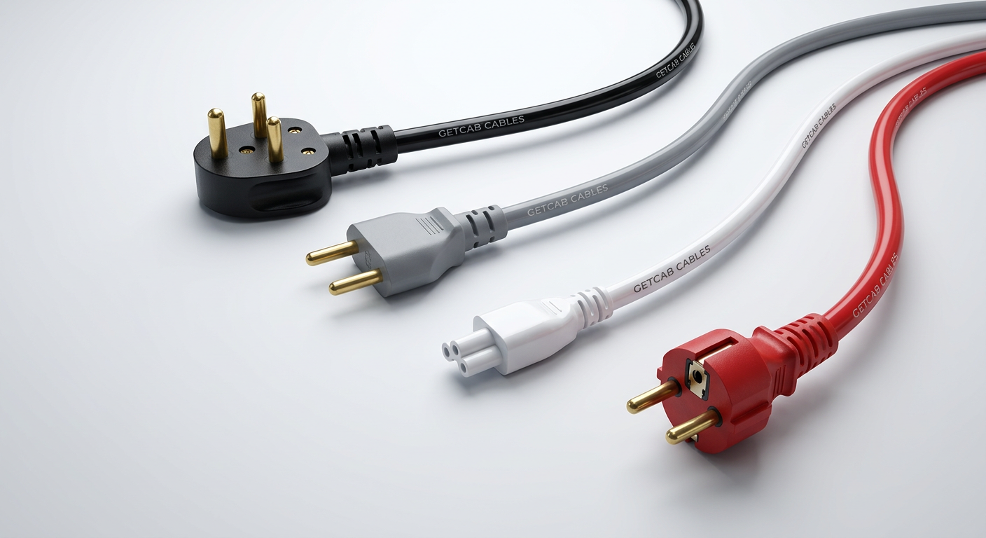 GETCAB moulded power cords with Indian, European and laptop plugs